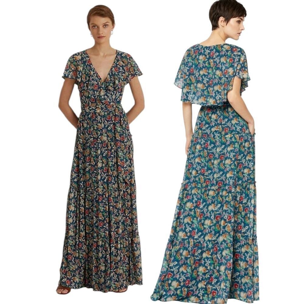 Ralph Lauren Floral Georgette tiered Maxi dress V-Neck S Black Label